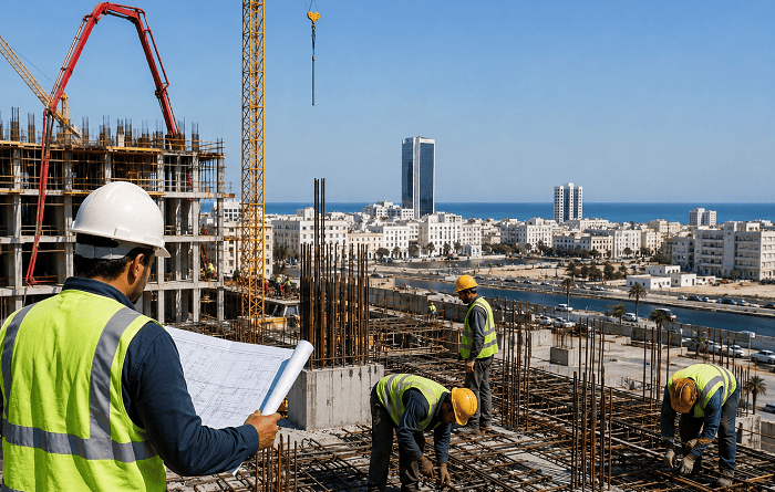 BTP en Tunisie : défis et opportunités du secteur en 2026 Chantier BTP en Tunisie avec ouvriers et équipements de construction