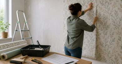 Pose de papier peint sur un mur avec préparation et outils de tapissier