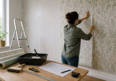 Poser du papier peint : préparation, calcul et pose Pose de papier peint sur un mur avec préparation et outils de tapissier