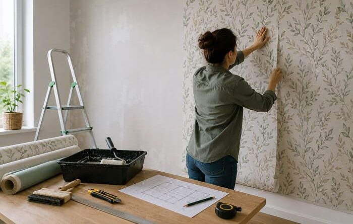 Pose de papier peint sur un mur avec préparation et outils de tapissier